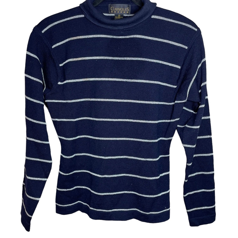 Classiques Vintage Women's Merino Wool Turtleneck Sweater Small Navy Silver